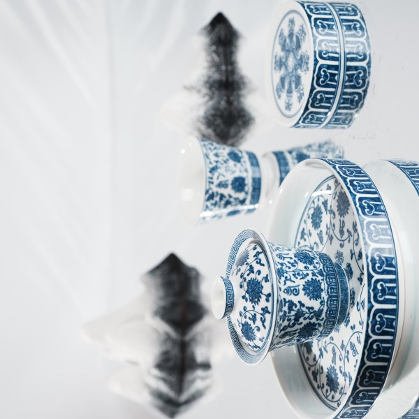 This is a lotus blue and white porcelain Gaiwan.