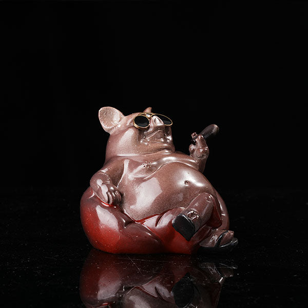 Bully pig sitting on sofa, wearing sunglasses and smoking cigar.