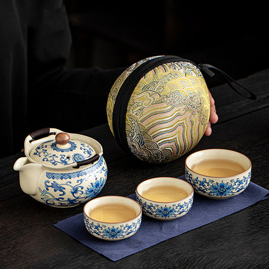 Ru Kiln Flowered Blue Pot with Three Cups Chaliland