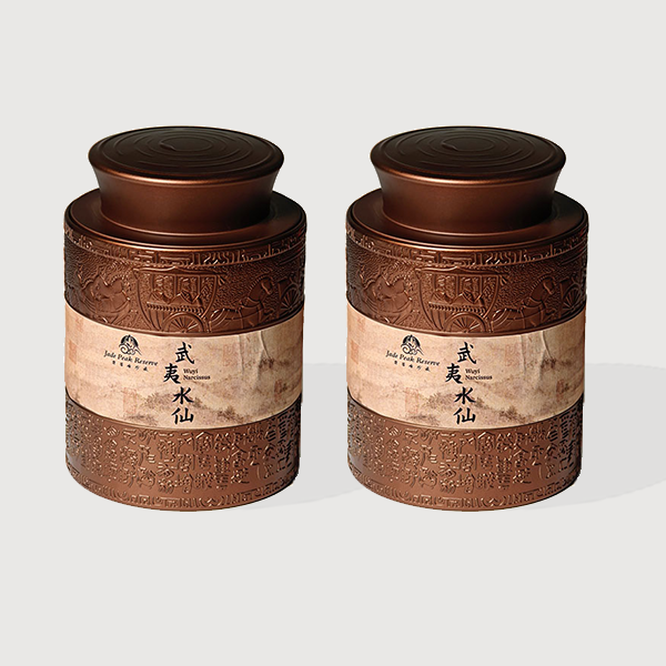 Two brown tea canisters with intricate carvings and labels reading “Wuyi Narcissus” are displayed against a light background, showcasing the traditional packaging of this tea.