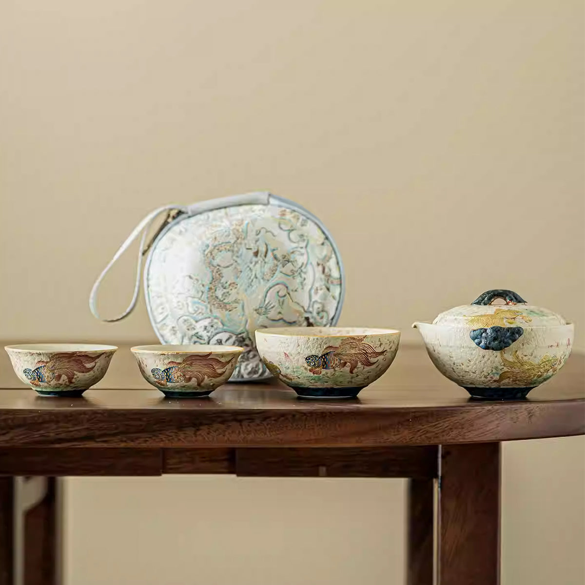 Blue and white glazed goldfish portable tea set (one pot and three cups) Chaliland