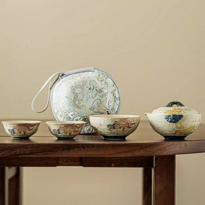 Blue and white glazed goldfish portable tea set (one pot and three cups) Chaliland