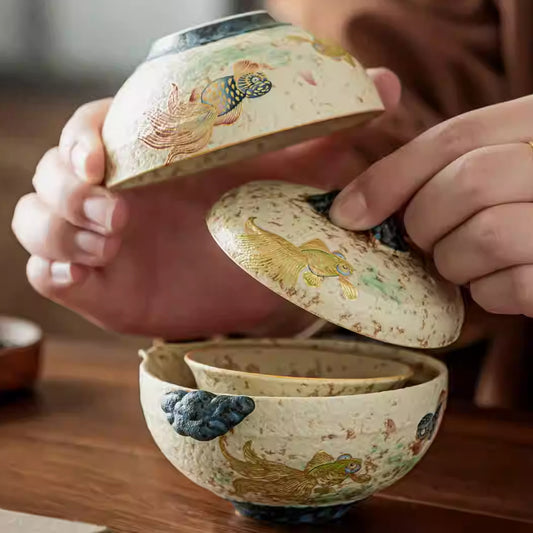 Blue and white glazed goldfish portable tea set (one pot and three cups) Chaliland