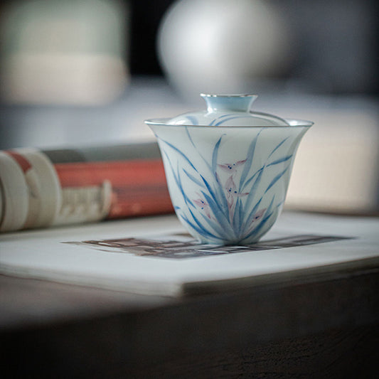 [Porcelain]Descended Goddess Gardenia Pattern Lidded Porcelain Gaiwan 150ml Chaliland