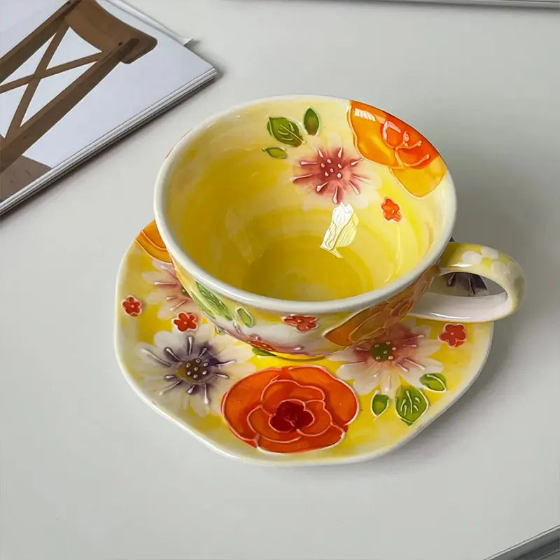Hand-Painted Underglaze Cup and Saucer with Yellow Floral Pattern