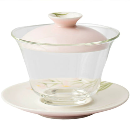 Hand-painted Pink Peach Blossom Glass Gaiwan 150ml Chaliland