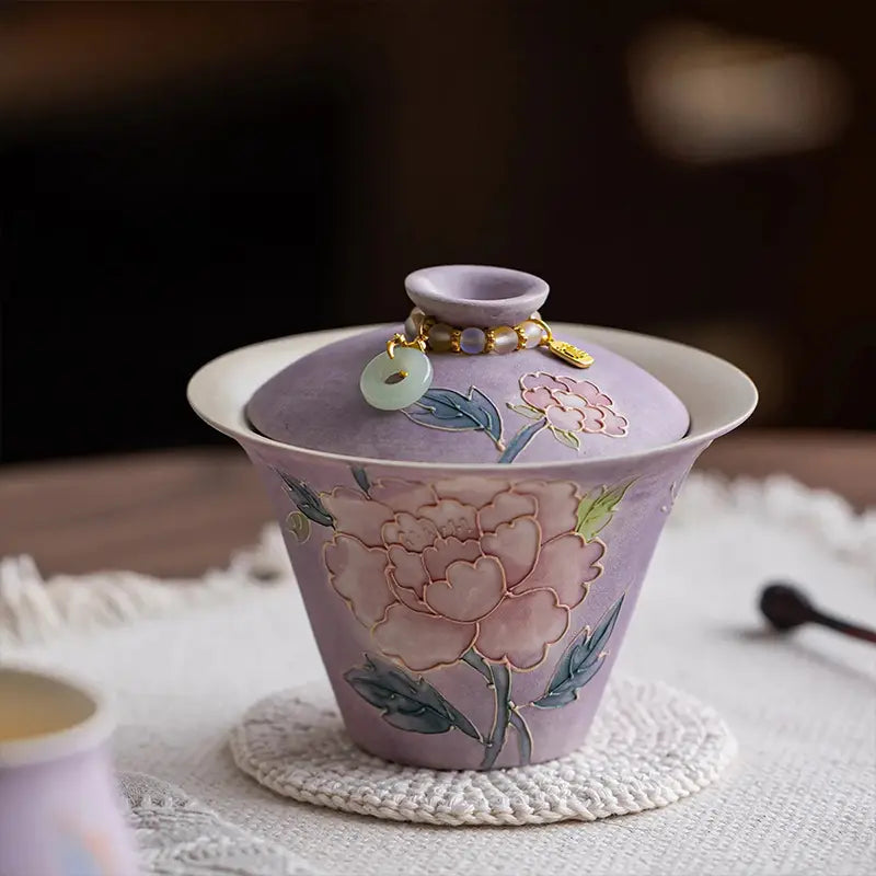 Hand-painted peony pattern covered bowl 140ml