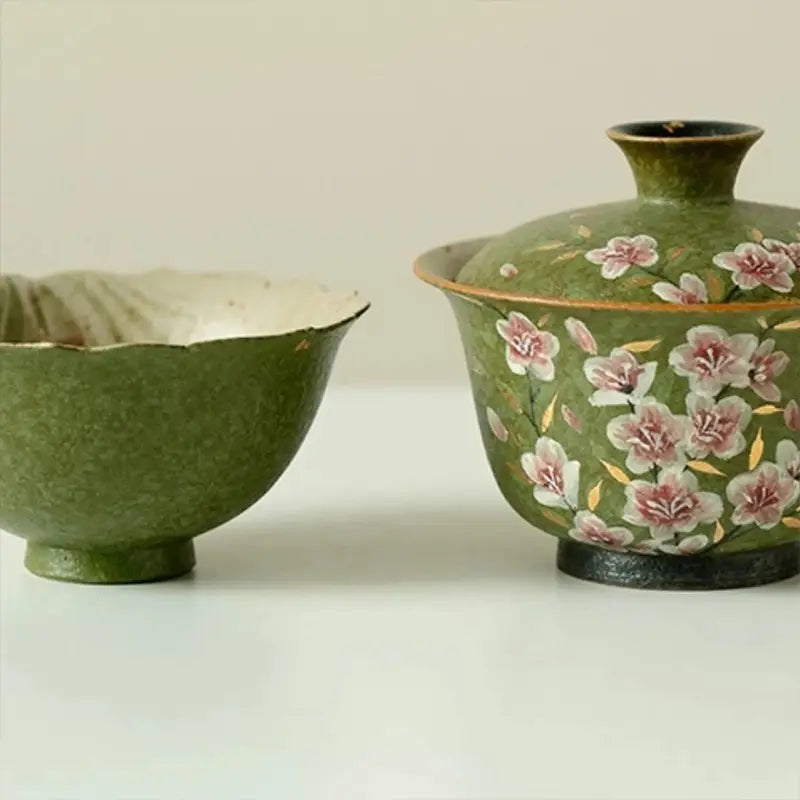 Hand-painted plum blossom covered bowl + Firework-shaped rimmed cup