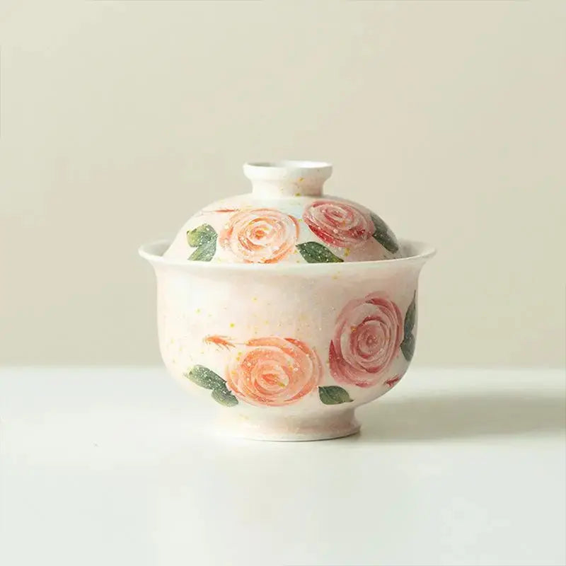 Hand-painted rose-patterned covered bowl