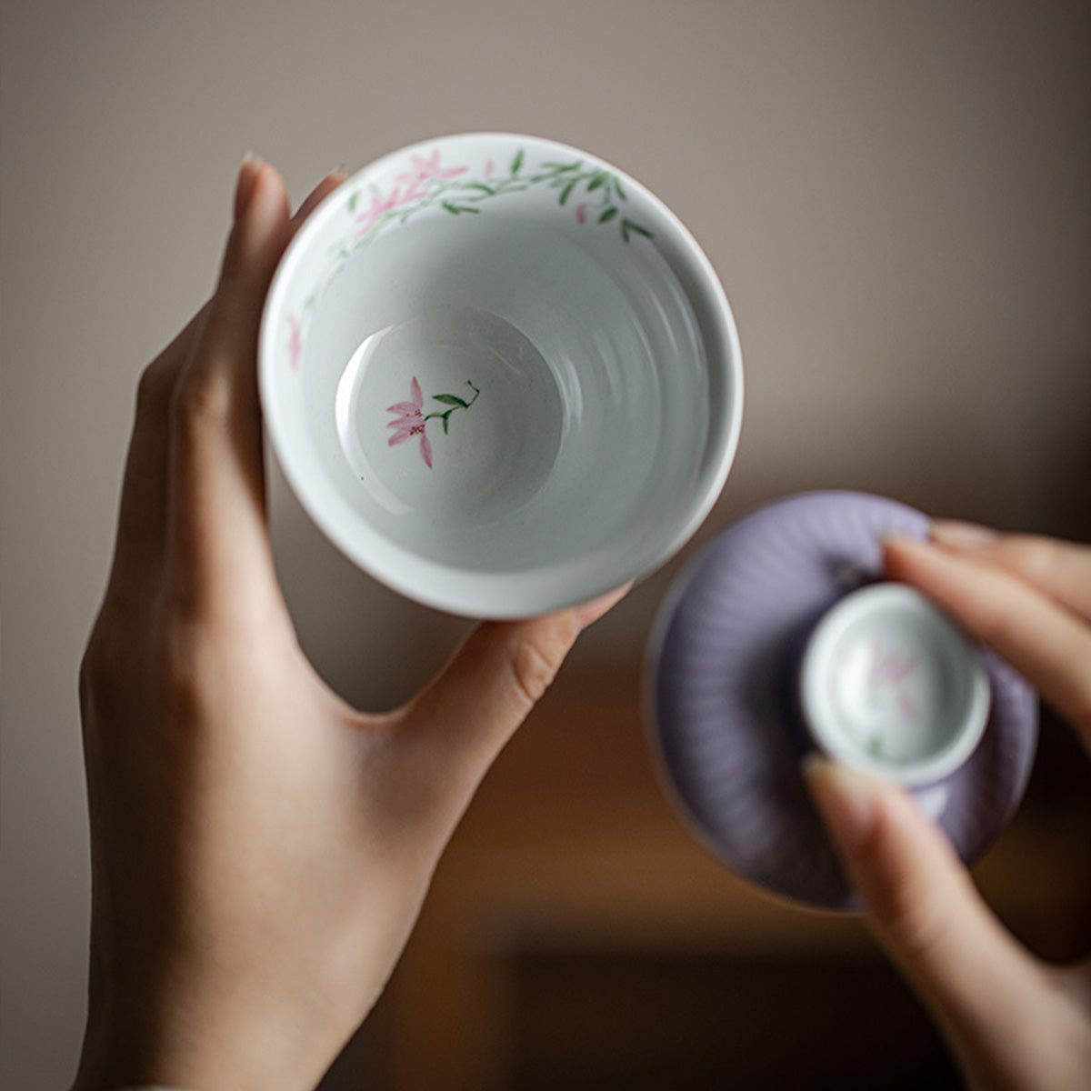 [Porcelain]Hibiscus Purple Evening Morning Magnolia Gaiwan 200ml Chaliland