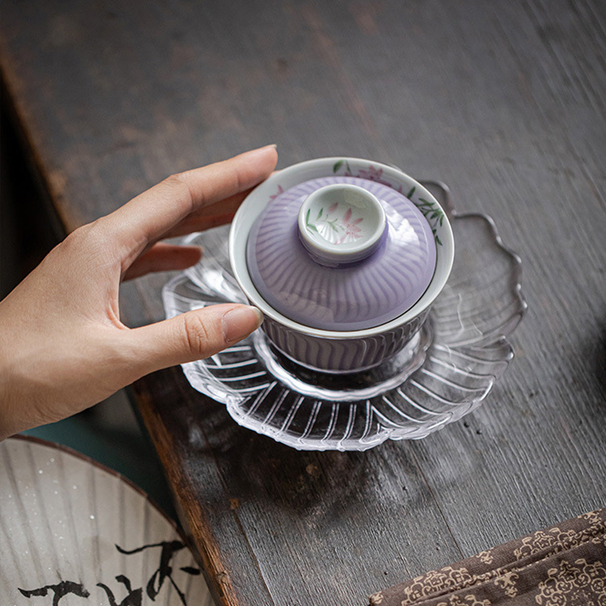 [Porcelain]Hibiscus Purple Evening Morning Magnolia Gaiwan 200ml Chaliland