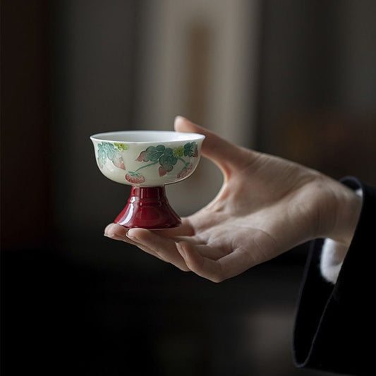 [Porcelain]Imitation Song Dynasty Hand-painted Vermilion Raspberry Pie Tang Li High-footed Teacup 50ml Chaliland