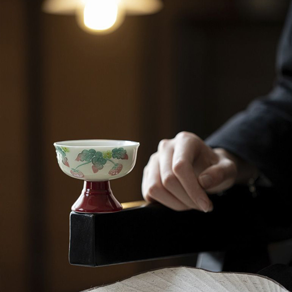 [Porcelain]Imitation Song Dynasty Hand-painted Vermilion Raspberry Pie Tang Li High-footed Teacup 50ml Chaliland