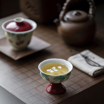 [Porcelain]Imitation Song Dynasty Hand-painted Vermilion Raspberry Pie Tang Li High-footed Teacup 50ml Chaliland