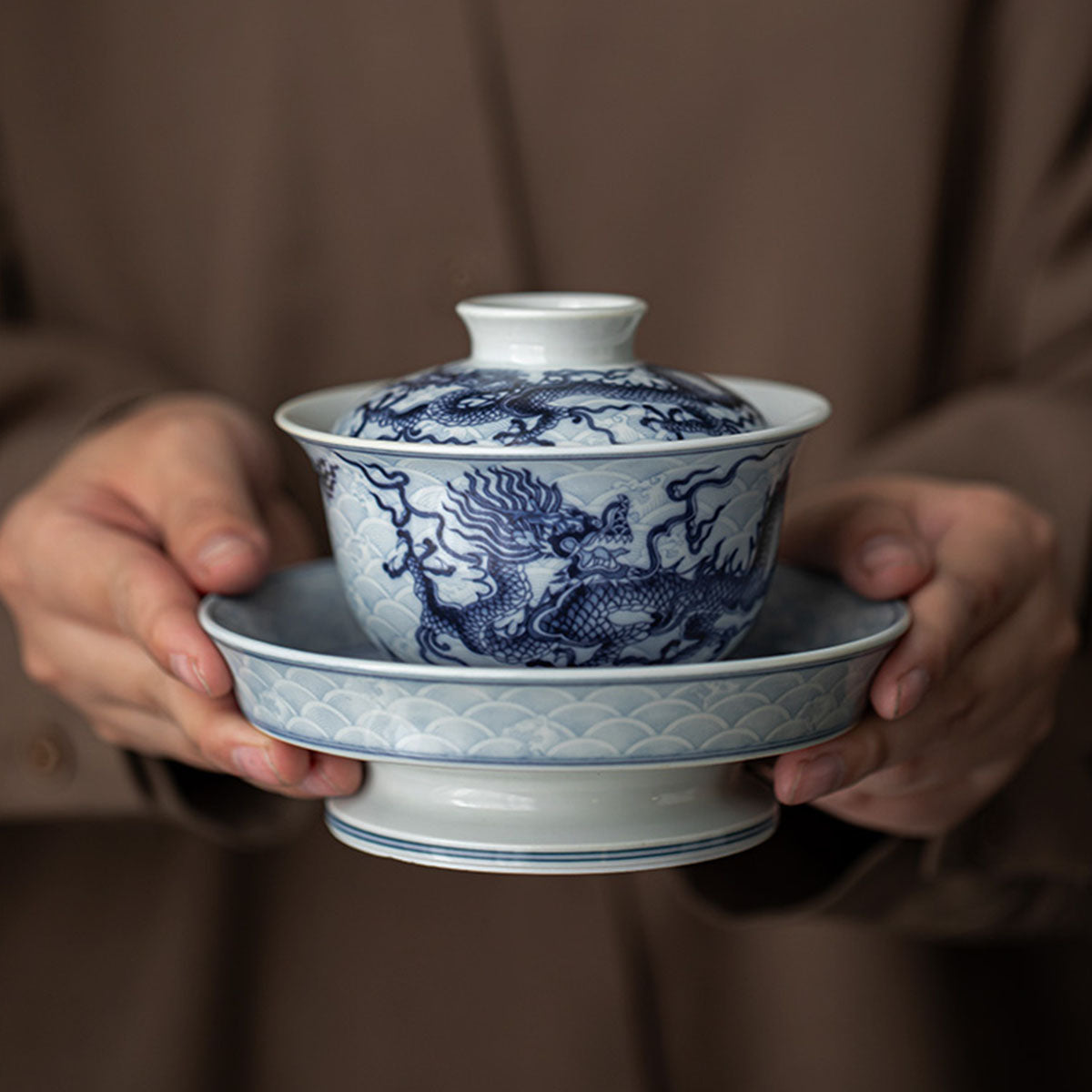 [Porcelain]Imitation of Ancient Times Blue And White Loong Pattern Gaiwan 200ml Chaliland