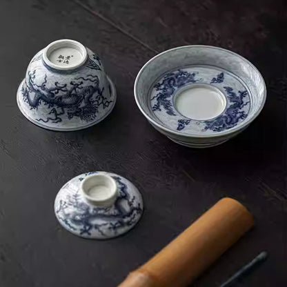 [Porcelain]Imitation of Ancient Times Blue And White Loong Pattern Gaiwan 200ml Chaliland