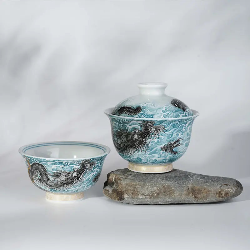 Porcelain-Ink and Color Triple Loong Kung Fu Gaiwan