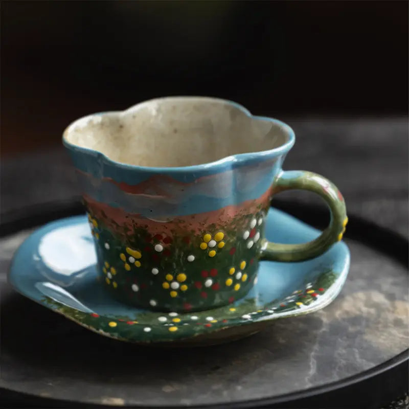 Landscape oil painting cup and butterfly set