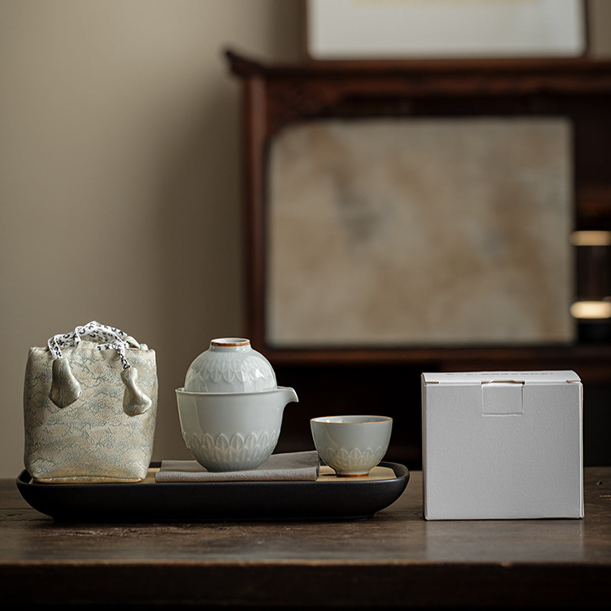 Lotus Petal Tea Pot Travel Tea Set - One pot, two cups + Elegant Rhythm Tea Tray Chaliland