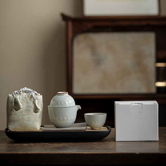 Lotus Petal Tea Pot Travel Tea Set - One pot, two cups + Elegant Rhythm Tea Tray Chaliland