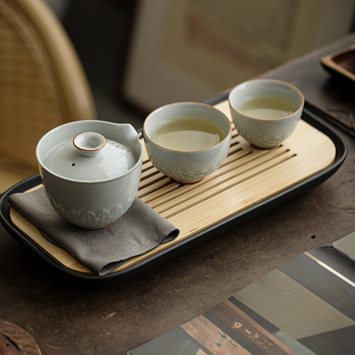 Lotus Petal Tea Pot Travel Tea Set - One pot, two cups + Elegant Rhythm Tea Tray Chaliland