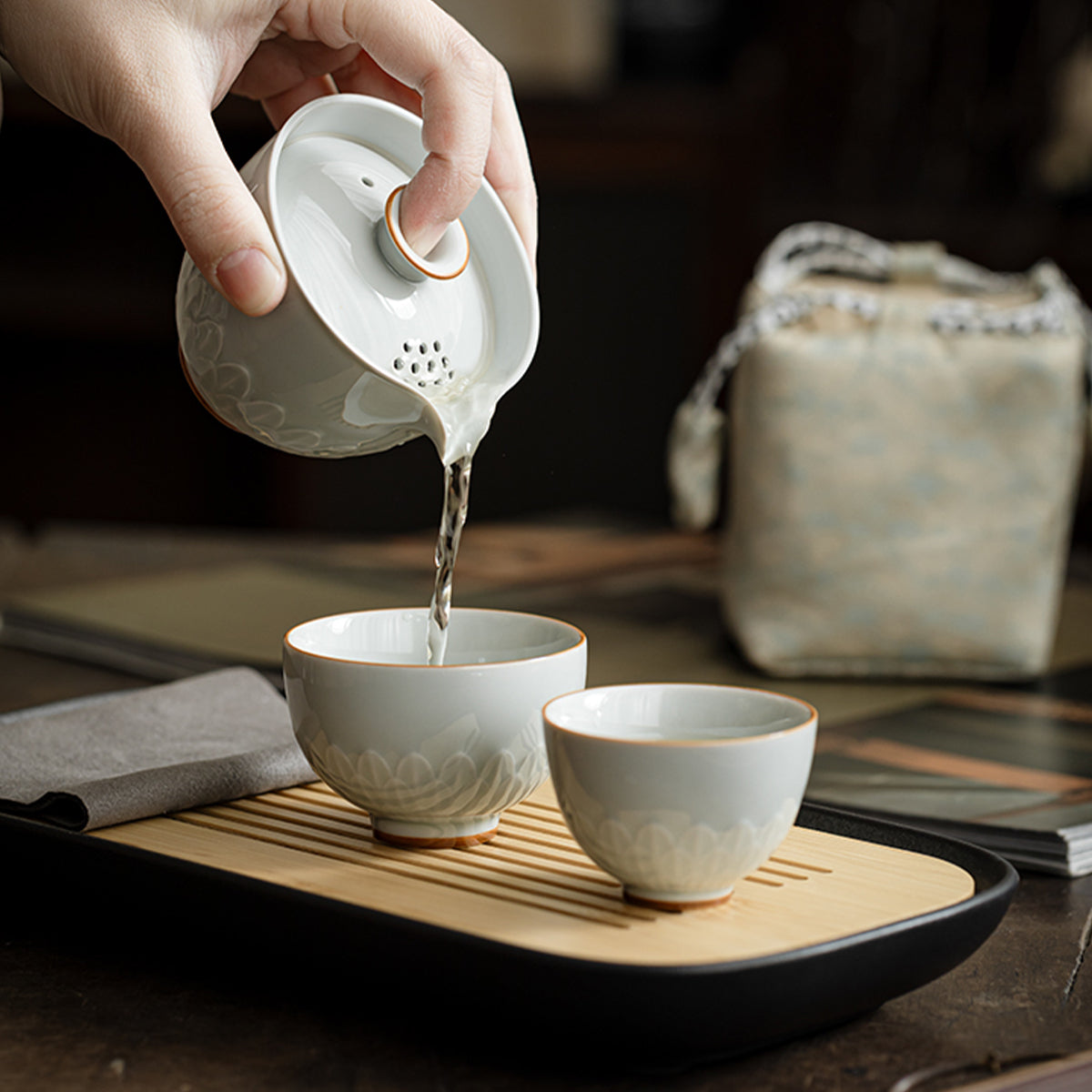 Lotus Petal Tea Pot Travel Tea Set - One pot, two cups + Elegant Rhythm Tea Tray Chaliland