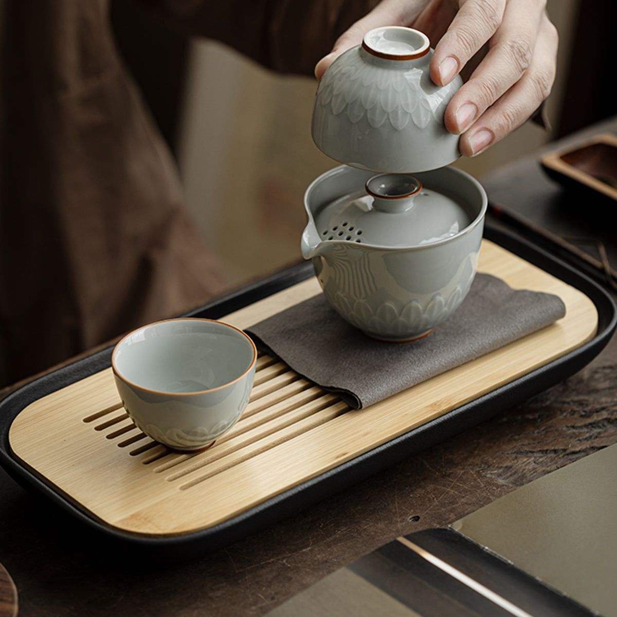 Lotus Petal Tea Pot Travel Tea Set - One pot, two cups + Elegant Rhythm Tea Tray Chaliland