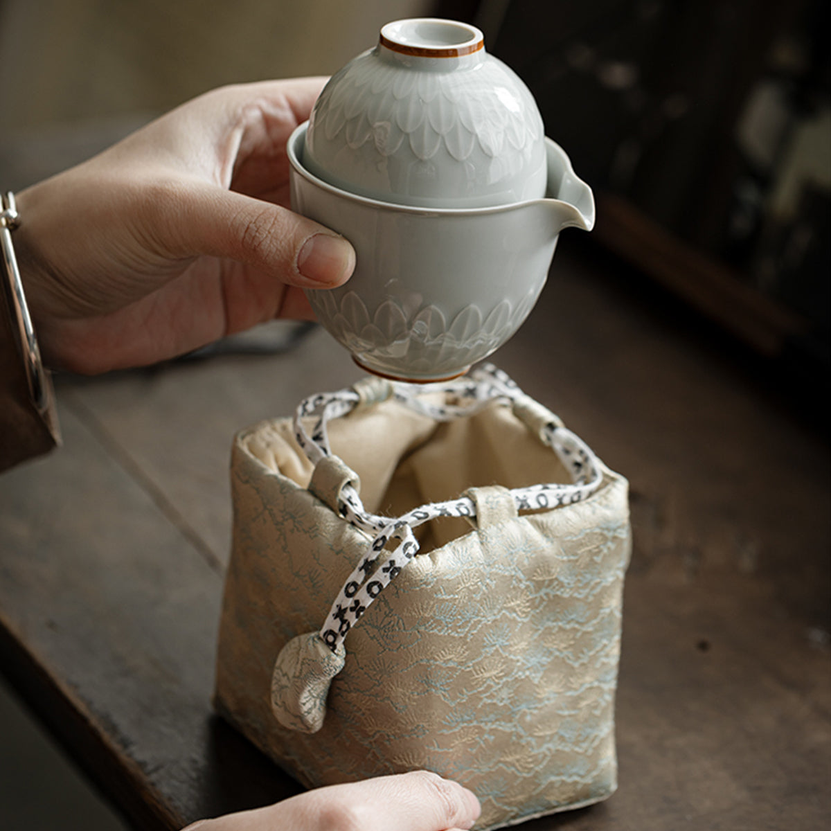 Lotus Petal Tea Pot Travel Tea Set - One pot, two cups + Elegant Rhythm Tea Tray Chaliland