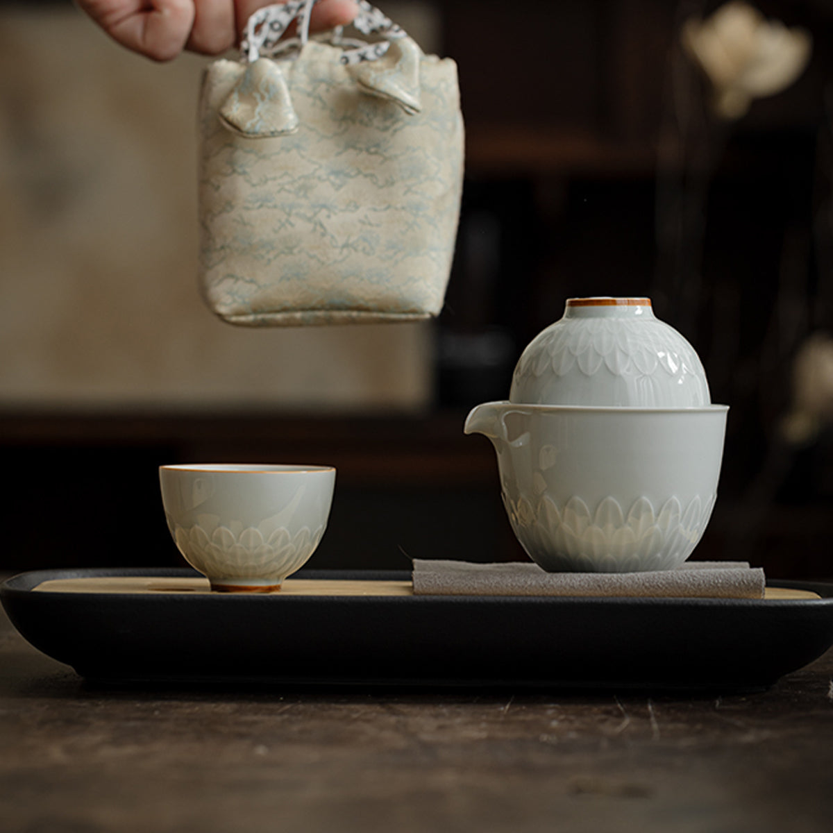 Lotus Petal Tea Pot Travel Tea Set - One pot, two cups + Elegant Rhythm Tea Tray Chaliland