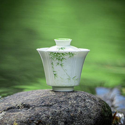 [Porcelain]Lush Hand-painted Bamboo Ceramic Gaiwan Chaliland