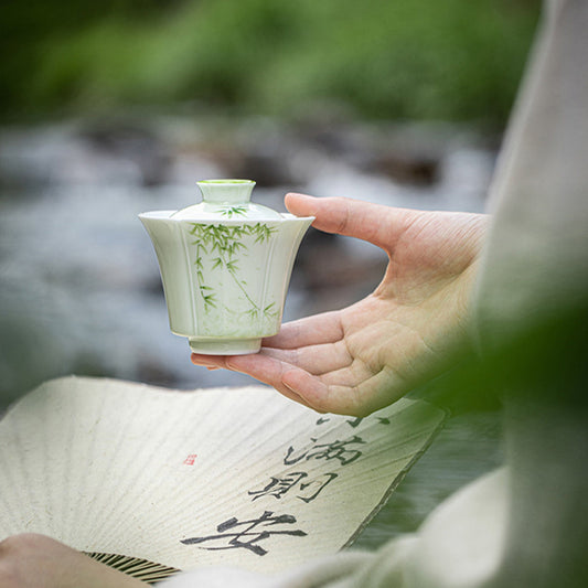 [Porcelain]Lush Hand-painted Bamboo Ceramic Gaiwan Chaliland