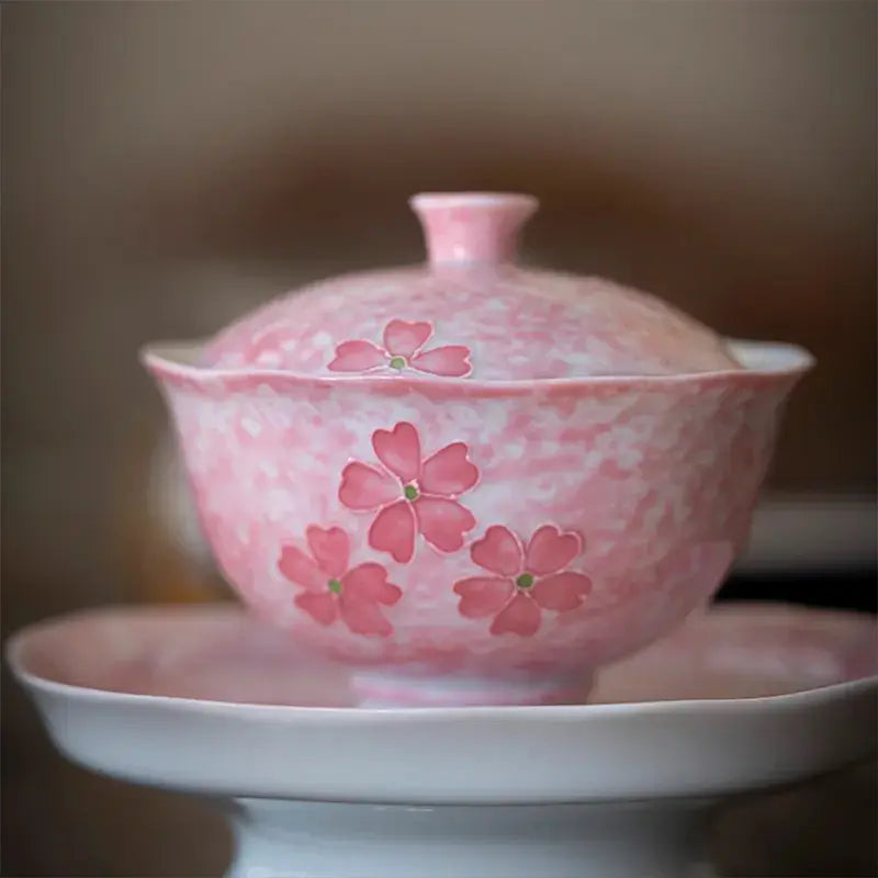 Pink hand-painted cherry blossom pattern covered bowl, 88ml