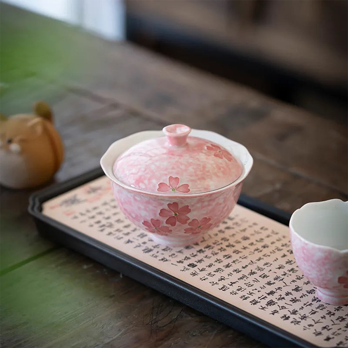 Pink hand-painted cherry blossom pattern covered bowl, 88ml Chaliland