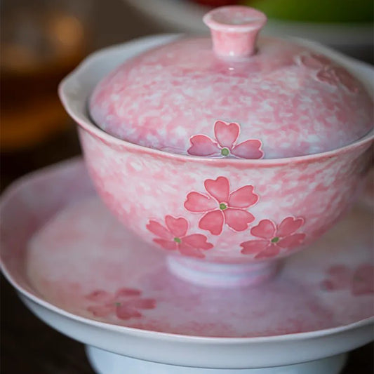 Pink hand-painted cherry blossom pattern covered bowl, 88ml Chaliland