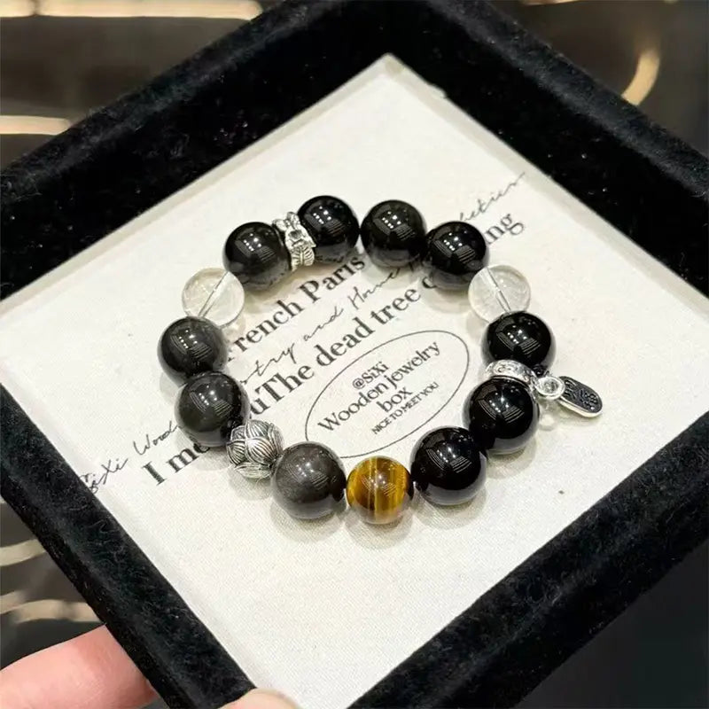 Protection Crystal Bracelet – Obsidian, Tiger Eye & Clear Quartz Energy Jewelry