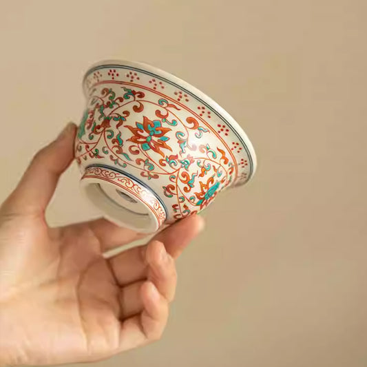 [Porcelain]Red And Green Colors Twisted Branches Lotus Pattern Hand-pressed Teacup Chaliland