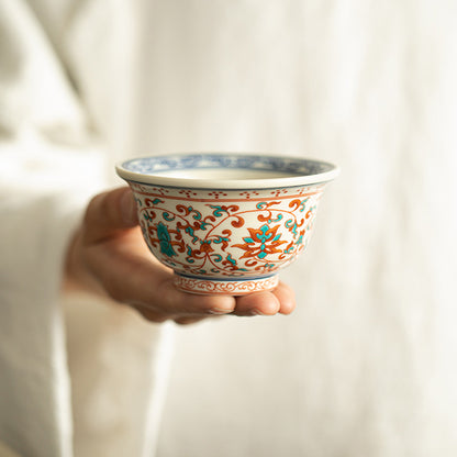 [Porcelain]Red And Green Colors Twisted Branches Lotus Pattern Hand-pressed Teacup Chaliland