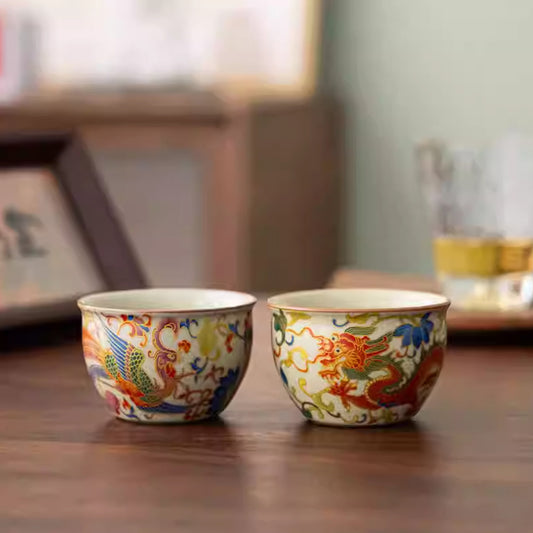 [Ru Kiln]Chinese Style Retro Enamel Loong and Phoenix Cup 110ml Chaliland