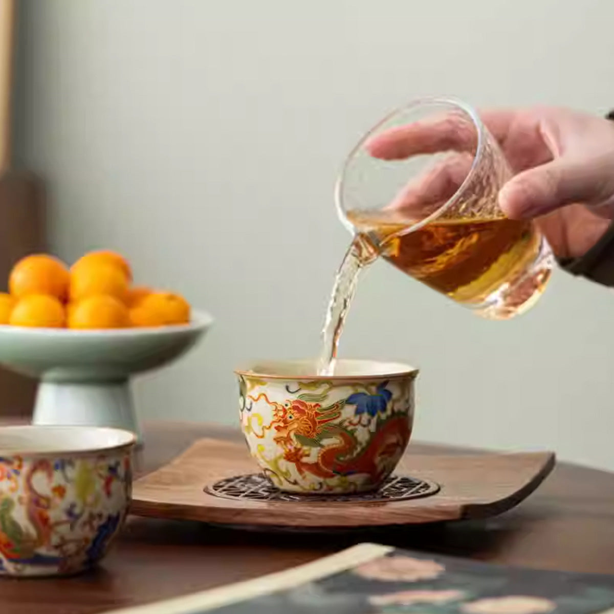 [Ru Kiln]Chinese Style Retro Enamel Loong and Phoenix Cup 110ml Chaliland