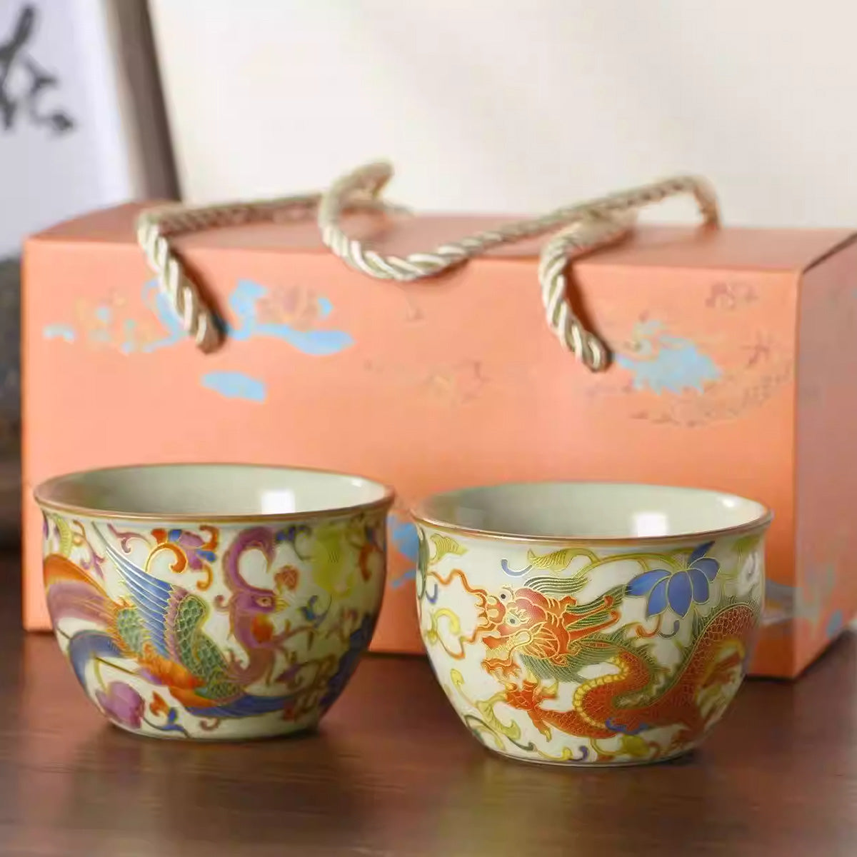 [Ru Kiln]Chinese Style Retro Enamel Loong and Phoenix Cup 110ml Chaliland