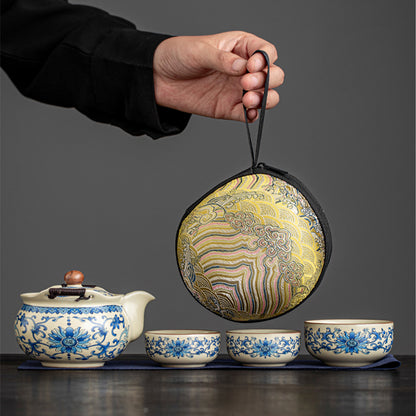 Ru Kiln Flowered Blue Pot with Three Cups Chaliland