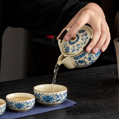 Ru Kiln Flowered Blue Pot with Three Cups Chaliland