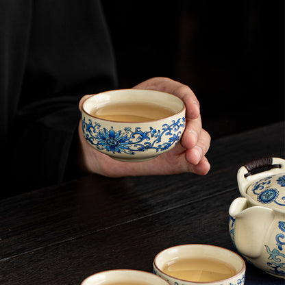 Ru Kiln Flowered Blue Pot with Three Cups Chaliland