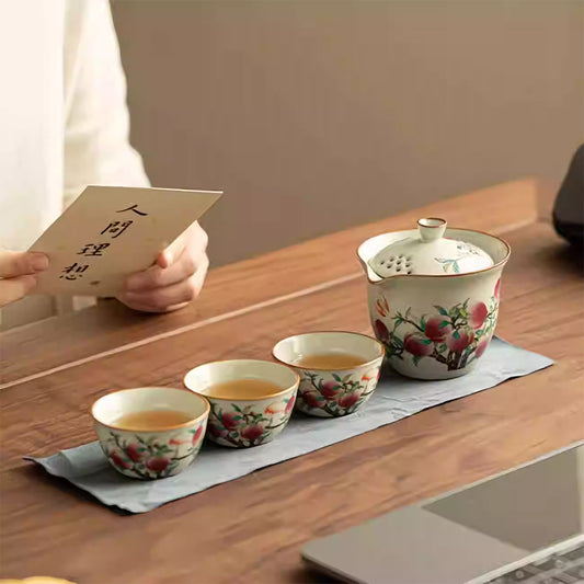 Ru Kiln Nine Peaches Pot and Three Cups Chaliland