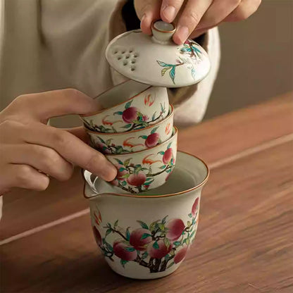 Ru Kiln Nine Peaches Pot and Three Cups Chaliland