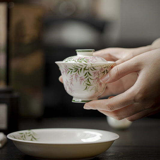 [Porcelain]Spring Breeze Hand-painted Wisteria glaze Porcelain Thin-wall Gaiwan 140ml Chaliland