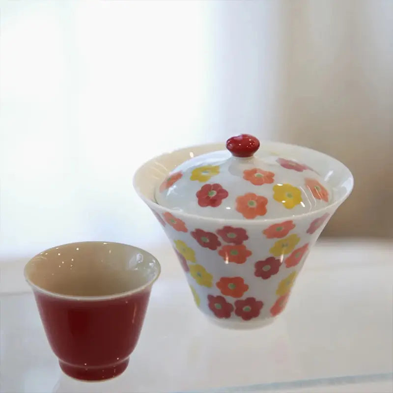 Sunshine Mountain Blue and Red Cherry Blossom Gaiwan Teacup