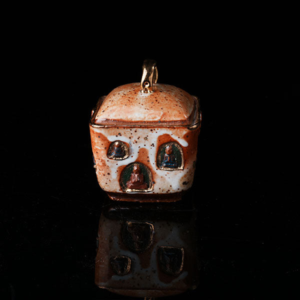 The Buddha without Form Square Teapot - Traditional ceramic teapot with square form, speckled brown glaze, gold handle, and relief figures (possibly Buddhist motifs). Handcrafted, rustic design, ideal for tea rituals. Features intricate detailing, cultural artistry, and functional elegance. Perfect for collectors of unique teaware, highlighting craftsmanship and traditional aesthetics.