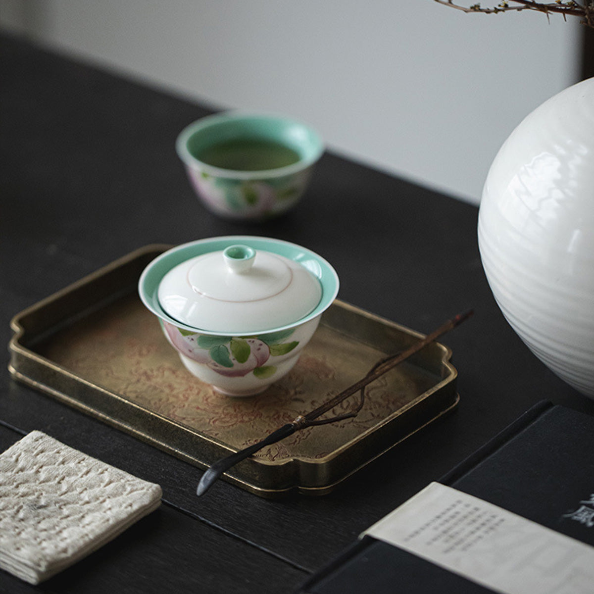 [Porcelain]Turquoise Green Peach Blossom Clay Gaiwan 120ml Chaliland