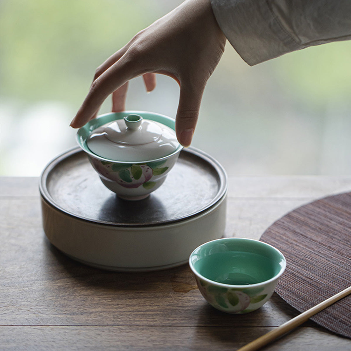 [Porcelain]Turquoise Green Peach Blossom Clay Gaiwan 120ml Chaliland